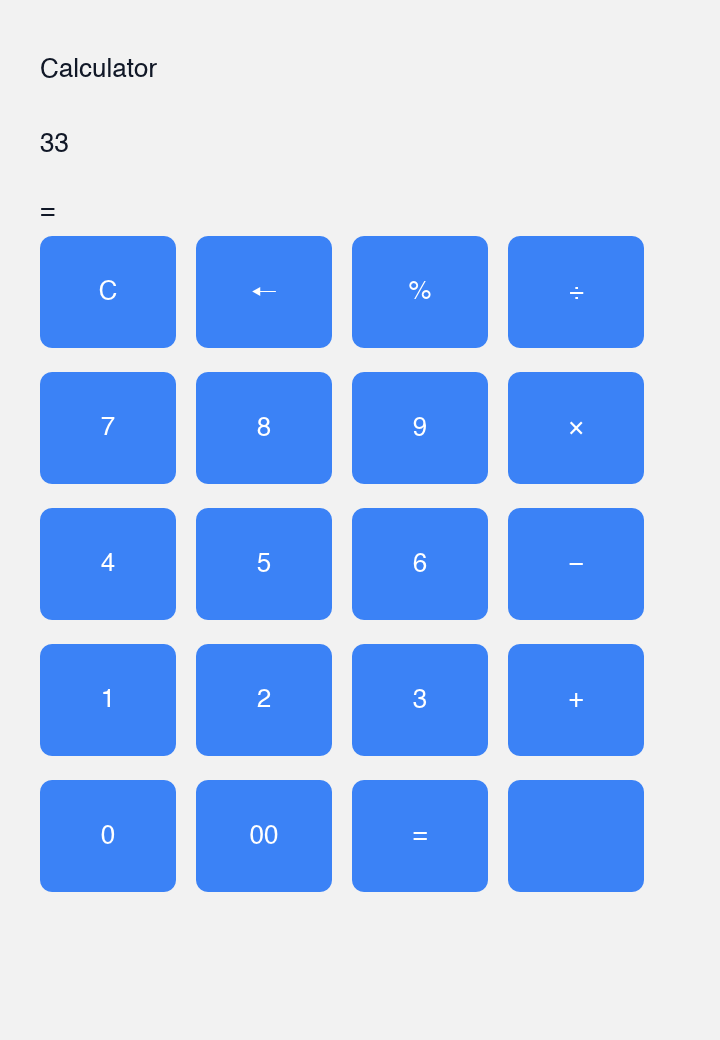 A calculator app with a grid of number and operator buttons and a display showing 33