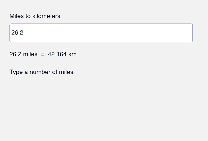 A miles to kilometers converter showing 26.2 miles equals 42.164 km