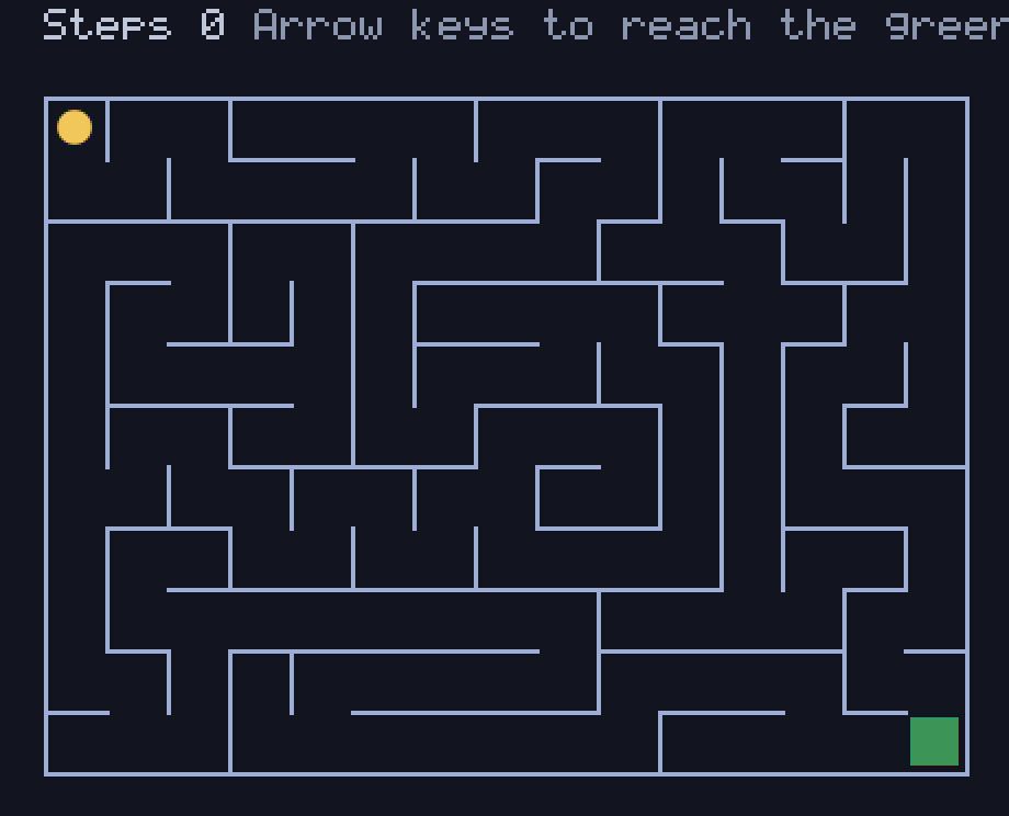 A randomly generated maze with a player dot and a green exit square
