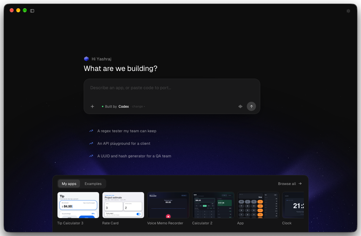 Krate Studio, ready to build, with previously built apps along the bottom