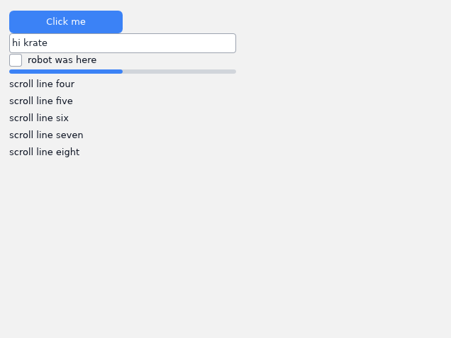 The Krate demo app running on Linux under CI: a clicked button, the text "hi krate" typed into the field, a checkbox, a progress bar, and a list scrolled down to line eight