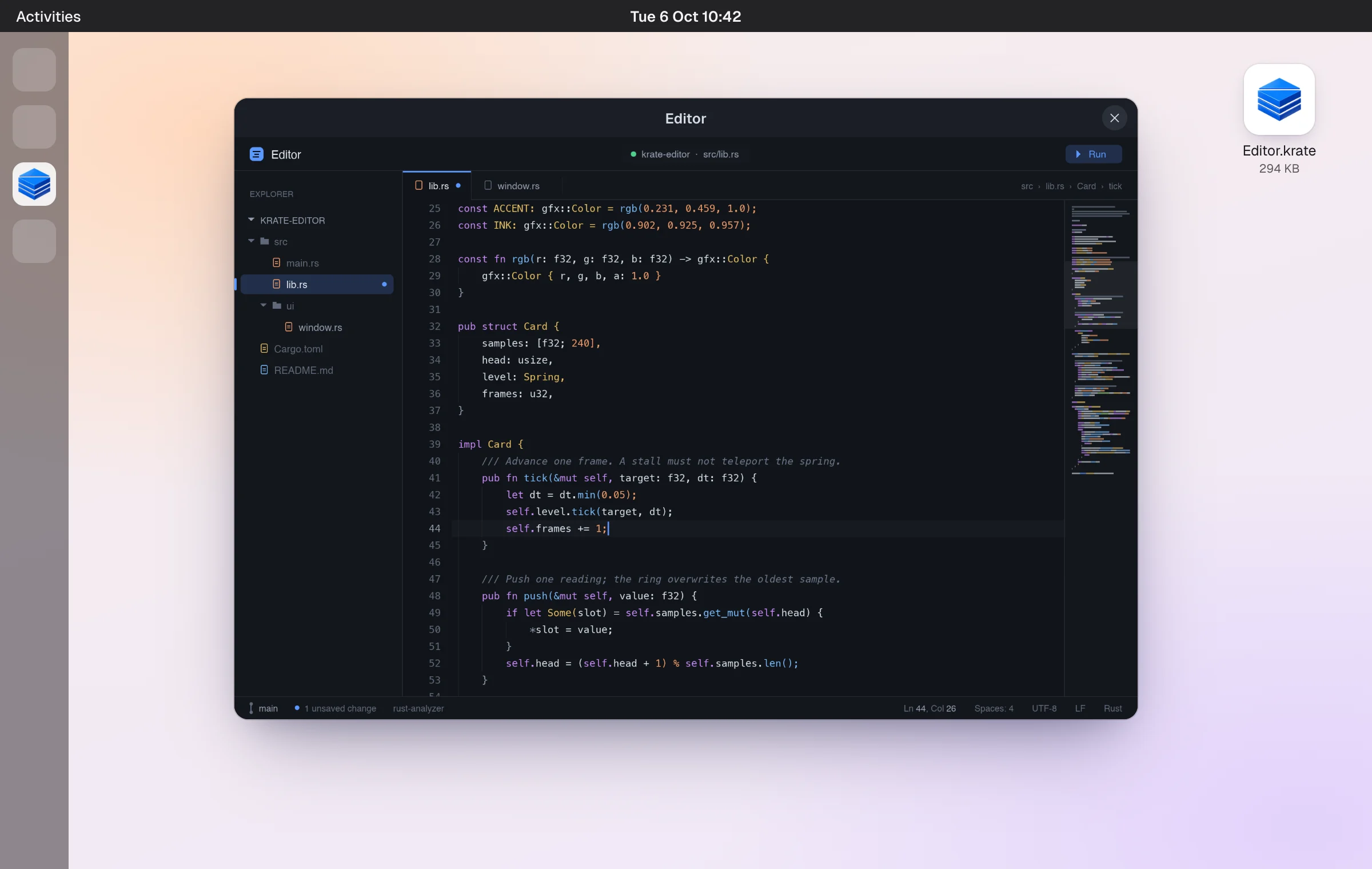 The same Editor.krate open on Linux