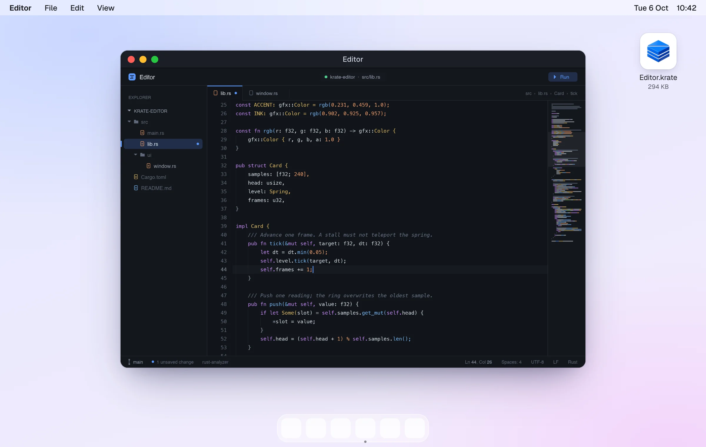 Editor.krate, a code editor, open on a Mac